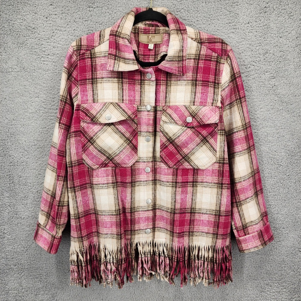 BlankNYC Pink Plaid Fringe Hem Wool Blend Shacket Shirt Jacket Size Small